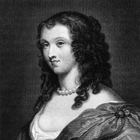 Engraving of Aphra Behn circa 1675, after a portrait by Mary Beale. Seated, she is wearing a pearl necklace and a voluminous
            gown.