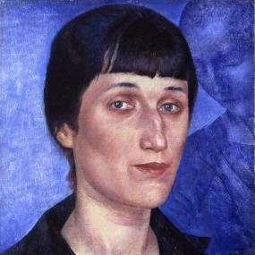 Photograph of a painted portrait of Anna Akhmatova, 1922. She is shown from the shoulders up, at a three-quarter turn, against a blue background which incorporates another, sketched figure behind her in similar shades of blue.