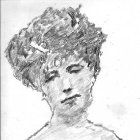Pencil sketch of Elizabeth von Arnim. Only her face and hair are portrayed with any clarity; her eyes are half-closed; a comb is just visible in her bushy hair.