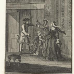 Etching and line engraving of Mary Carleton with three male figures, by James Basire after F. Nicholls. It is an action scene: Carleton, in dark street clothes, gesticulating, a lawyer kneeling, and the other two men disputing a raised sword. A caption reads: "The German Princess with her Suppos'd Husband and Lawyer." These are two different people: extensive letterpress explains that the lawyer was another victim of her swindles. National Portrait Gallery.