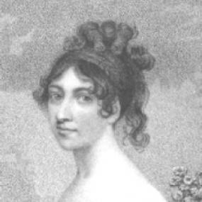 Black and white print of Charlotte Dacre, shown from the waist up at a three quarter turn. She is wearing a light, simple, high-waisted dress with breasts half bare. She has dark curly hair piled on top of her head with a few loose curls falling around her face. Studio roses stand in the background.