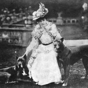 Black and white photograph of Elizabeth De la Pasture, seated outside and flanked by two large dogs. She is wearing a long white dress, with a black band around her waist and artificial flowers on the shoulders, and trailing down one side. A hat with matching flowers is perched on top of her dark hair.
