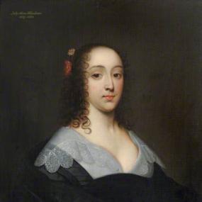 Painting of Ann, Lady Fanshawe, by Cornelius Johnson. Her shoulder-length hairdo has symmetrical curls at the edge, with a red and white ornament. She is wearing grey, with dark mantle and large collar. She looks inscrutably at the viewer.Valence House Museum, Barking, Essex.
