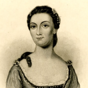 Lithographic print of Elizabeth Graeme Ferguson from the waist up. Her dark hair is ornamented and pulled back from her face, with a lock curling down over her low scooped neckline; the front of her bodice is beaded.
