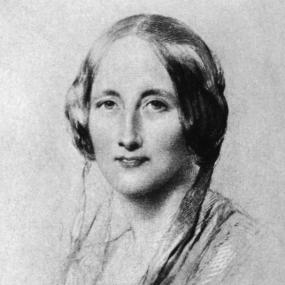 Photograph of a well-known head-and shoulders drawing of Elizabeth Gaskell by George Richmond, 1851. She looks calmly at the viewer, her smooth hair parted in the middle, with a ribbon or scarf hanging from her head and a bow at her neckline. She thought the drawing on the whole a good likeness. National Portrait Gallery.