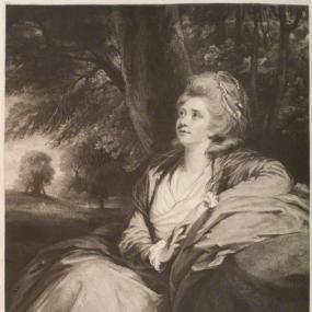 Mezzotint of the young Mary Harcourt by Samuel William Reynolds after a painting by Sir Joshua Reynolds, published May 1824 . She sits in a parkland landscape, swathed in a low-necked gown and voluminous shawl, looking upwards out of the picture. Her hair is swept up grandly on her head. National Portrait Gallery.