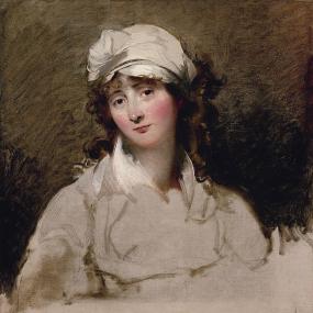 Photograph of a painting of Elizabeth Inchbald by Thomas Lawrence, c. 1796. She is shown from the waist up, wearing a white cap atop light brown curls. Her dress is white, with a white collar, and the background is a rich brown. The bottom part of the picture is unfinished, only a few sketched lines on blank board.