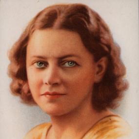 Colour illustration of Storm Jameson. She wears a yellow top and has light blue eyes. Her hair is auburn and wavy. The image was created as
            part of a Famous British Authors card series, published in London.