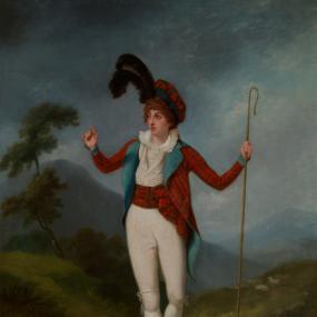 Painting of Maria Theresa Kemble by Samuel de Wilde, in character as the male lover, Patie, in a stage version of Allan Ramsay's Scottish pastoral "The Gentle Shepherd" (which she first played in 1796). She stands in a meadow among mountains, holding a shepherd's crook, dressed in white shirt and trousers, with a tartan jacket, cummerbund, and Scots bonnet sporting a large black feather. Garrick Club.