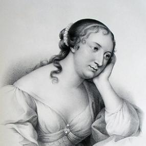 Black and white, head-and-shoulders image of a lost painting of Marie-Madeleine de Lafayette by Louis Ferdinand Elle l'Aîné. She sits with her head resting on one hand, wearing a gown with a V neck and puffed sleeves, without jewellery. Her dark hair is pulled back into a pearl-wrapped bun, with a ringlet lying on her shoulder.