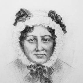 Image of the head of Mary Lamb, 1764 - 1847, from a portrait of her with her brother Charles, by Francis Stephen Cary, 1834. She looks straight at the viewer; her face and some visible black hair are encircled by a white ruffled cap tied with a broad, dark ribbon, and she wears a black cloak.