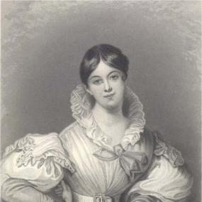 Black and white photograph of a three-quarter length drawing of L.E.L. in chalk and pencil by Daniel Maclise, early 1830s. She is wearing a white dress whose wasp waist is accentuated by a broad belt, large billowing skirt and upper sleeves, and high standaway collar. Her dark, shining hair is centre-parted and pulled back, with tiny kiss-curls below and a tall, plaited arrangement above. Her expression is languishing. National Portrait Gallery.