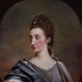 Portrait of Catharine Macaulay by Robert Edge Pine, c. 1776. Pine had already done a full-length painting which renders Macaulay's head and shoulders very similarly, but clearly shows her dressed as a Roman matron with the sash of a Roman senator. (The dress was blue and the sash purple; now the colours are reversed.) Macaulay, still rests an arm on a volume of her monumental "History of England", but now within a painted oval, without the classical backdrop of the larger, more political picture. There she 