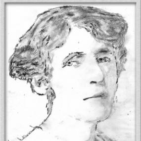 Photograph of a roughly drawn sketch of Rose Macaulay, depicted from the shoulders up. She is wearing a simple dress and her hair is cut short.