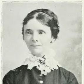 Black and white photograph of Agnes Maule Machar, shown from the shoulders up. She is wearing a dark dress with a lace collar and buttons up the front, and her dark hair is pulled back. Below her photograph is the caption,  "Agnes Maule Machar: Author of 'Lays of the True North,' etc."