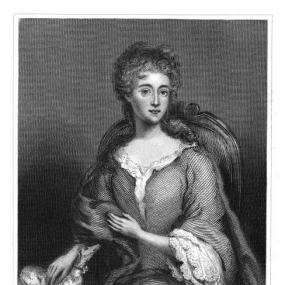 Lithograph from a painting of Winifred Maxwell, Countess of Nithsdale, by an unknown artist. She is seated with a landscape visible behind, her hand on a small dog that sits beside her. She is wearing a gown with low neck, wide sleeves, and white trim at the sleeves and neckline, plus a long shawl. Her hair is curled, high on top, with part lying spread on her shoulders. Scottish Portrait Gallery.