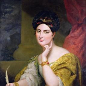 Photograph of a painting of Caroline Norton by Sir George Hayter, 1832. She is seated at a desk with her chin resting pensively on her left hand while she pauses in writing with a quill pen in a large open book. Behind her is red drapery, a large column, and a nighttime scene. Her bare shoulders emerge from a white gauzy bodice with puffed, bound sleeves, gold trim at the neckline, and a gold mantle over it. She has gold bracelets on both her wrists; her black hair, parted in the middle, is coiled over her 