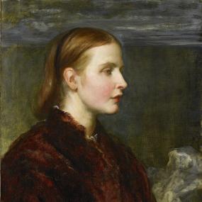 Reproduction of painted portrait of Eliza Ogilvy by George Frederick Watts, 1886. Her face is in profile and the background is a murky mixture
            of yellow, blue, and grey tones. She is wearing a brown coat and has her caramel coloured hair secured with a thin brown headband. 