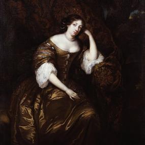 Photograph of a painting of Dorothy Osborne (after her marriage, as Lady Temple) by Caspar Netscher, 1671. She is seated, with her elbow on the arm of her chair and her head resting on that hand. Against a background of figured black and gold drapery, she wears a dark gold dress with voluminous skirt and sleeves, clasped in front, with white linen at the full wrists and the neckline. She has a double string of pearls, and more pearls wrapped in her dark hair, loosely piled up hair. National Portrait Gallery