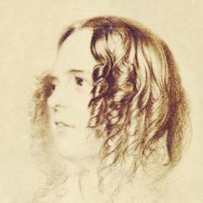 Photo of  a sketch of Julia Pardoe by John Lilley, 1849. Only her face is drawn in detail, with her neck and shoulders merely suggested. She is in semi-profile, with her hair in dark gleaming ringlets.