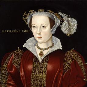 Photograph of half-length portrait of Katherine Parr, painted on wood by an unknown artist. shown from the waist up. She wears a red dress with full sleeves, lavish gold stitching, and white frills at the cuff and standing collar. With this go three gold rings and a heavy gold necklace with pearls and gems. Her brown hair is covered by a white, pearl-edged headpiece and a soft black hat with gold stitching, a tassel, and a white feather. Her name is written in gold next to her face: "Katherine Parre". Natio