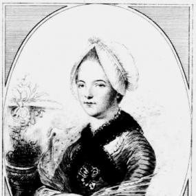 Oval portrait of Clara Reeve, drawn by A. H. Tourrier, etched by Dammam. She is seen from the waist up, arms folded, standing beside a plant in a tall pot. She is wearing a simple striped dress with darker cloth crossed over her chest, a printed shawl around her shoulders, and a white cap her head. Her name is written beneath.