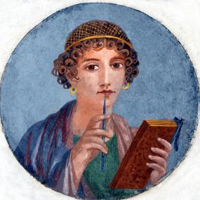 Circular portrait from a fresco in ancient Pompeii, popularly identified as Sappho though it probably portrays a high-society Pompeian lady. She is clad in blue, green, and purple, with a gold net over her short, curly  hair, and large gold hoop  earrings. She holds a wax tablet and a stylus ready for writing. bbbbbbbbbbbbbbbbbbNaples National Archaeological Museum.