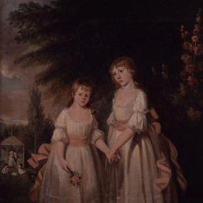 Photograph of the painting of Jane Taylor and her older sister (later Ann Taylor Gilbert) by their father, Isaac, May 1792. The girls wear matching white dresses with puffed sleeves, lace edged necklines, and pink ribbons round the waist, tied in a bow at the back. Both have wavy blonde hair, and Jane clasps a bunch of pink flowers. Behind are trees, grass, and in the distance the rest of the family clustered around a gazebo. National Portrait Gallery.