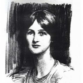 Photograph of a drawing of Angela Thirkell, drawn in black and white. She is depicted from the shoulders up, wearing a simple dress with ruffled  sleeves, and her dark hair is pulled back. There is a signature and a date in the bottom right-hand corner. The signature is not clearly visible but the date appears to be 1918.
