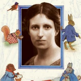 Sepia toned photograph of Alison Uttley, shown from the shoulders up with her dark hair pulled back. Her photograph is surrounded by a blue frame, with her head overlapping it at the top, giving the impression that she is leaning out of the frame. The frame is surrounded by drawings of woodland animals wearing clothes.
