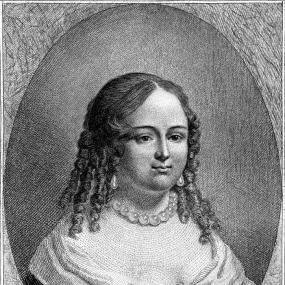 Head-and-shoulders oval engraving of Marie-Catherine de Villedieu by Charles Devrits, published in "Poètes normands" by Louis Henri Baratte, 1845. She is wearing a dark dress , jewelled brooch, and string of huge pearls. Her hair is smooth on top, in ringlets below.