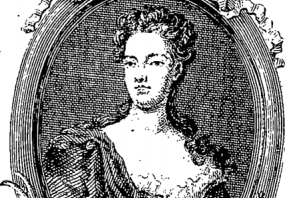Alleged portrait of Jane Barker: a fleuron in "The Entertaining Novels of Mrs. Jane Barker of Wilsthorp in Northamptonshire", published by Edmund Curll, third (posthumous) edition, 1736. In an oval frame, "Barker" faces the viewer in a low-necked, lace-edged gown, with hair in curls on her head and down her neck.