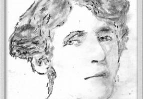 Photograph of a roughly drawn sketch of Rose Macaulay, depicted from the shoulders up. She is wearing a simple dress and her hair is cut short.