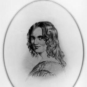 A black and white drawing of Sarah Flower Adams. She looks over her left shoulder at the viewer with a small smile.