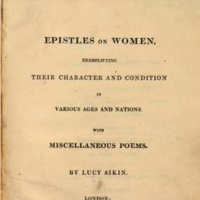 Title page of Lucy Aikin's "Epistles on Women, exemplifying their character and condition in various ages and nations. With miscellaneous poems", 1810, with the author's name and the colophon of the publisher, Joseph Johnson.