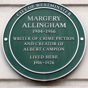City of Westminster green plaque on Hurlingham House, Bayswater, honouring Allingham. It reads: "Margery Allingham 1904-1966, writer of crime fiction and creator of Albert Campion lived here 1916-1926".