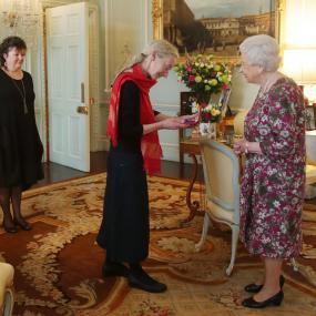 Gillian Allnutt is presented with the Queen's Gold Medal for Poetry, by Queen Elizabeth II at Buckingham Palace, 21 February
            2017.
