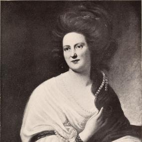 Black and white photo of a portrait of Elizabeth, Margravine of Anspach (while she was Countess of Craven, during her first marriage, i.e. 1767-83), by Francis Cotes. She has big hair mostly brushed back and trailing strings of pearls, and wears a loosely draped pale dress with plunging neckline, a dark shawl, and an armlet and bracelet.