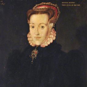 Photograph of a painting probably of Anne Askew, by Hans Eworth, 1560, inscribed "RATHER DEATHE / THEN FALSE OF FAYTHE." She is standing, seen from the waist up, at a three-quarter turn, with her hands clasped in front of her. She is plainly dressed in a heavy black gown with high neck, small ruff, and leg-of-mutton sleeves with white ruffles at the wrists. She has a flat red and gold headpiece, an elaborate pendant, and rings on her fingers. Tatton Hall, National Trust.