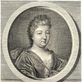 Head-and-shoulders engraving of Marie-Catherine d'Aulnoy after a painting by Elisabeth Cheron. She wears a plain V-neck bodice with no jewellery except a metal bandolier; her hair is brushed back and frizzed. The oval portrait stands on a plinth inscribed: "Marie Catherine le Jumel de Berneville Comtesse d’Aulnoi" with the date of her death.