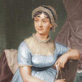 Photograph of a colourized print of Jane Austen, from a drawing by a Mr Andrews commissioned by Austen's nephew James Edward Austen Leigh as frontispiece to his "Memoir of Jane Austen", 1870 (fifty years after she died). She is shown seated, with a book on her lap, wearing a blue dress and light brown bonnet.
