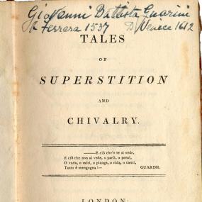 Title-page of Anne Bannerman's "Tales of Superstition and Chivalry", 1802, with an Italian epigraph by Guarini, whom a contemporary hand has identified as "Giovanni Battista Guarini  Ferrara 1538 -  Venice 1612."