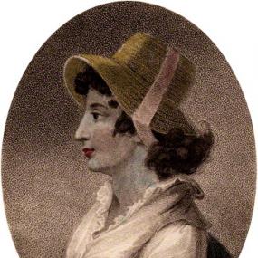 Coloured stipple engraving by John Chapman of Anna Letitia Barbauld, published in the Lady's Monthly Museum, 1 September 1798 (probably unauthorized and not from life). She is in profile, facing left, wearing a straw hat with pale pink ribbon, a white gauzy outer dress typical of the 1790's, and a dark cloak worn off her shoulders.