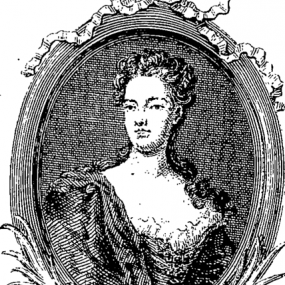Alleged portrait of Jane Barker: a fleuron in "The Entertaining Novels of Mrs. Jane Barker of Wilsthorp in Northamptonshire", published by Edmund Curll, third (posthumous) edition, 1736. In an oval frame, "Barker" faces the viewer in a low-necked, lace-edged gown, with hair in curls on her head and down her neck.