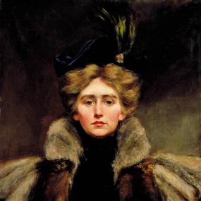 Half-length painting of Natalie Clifford Barney by her mother, Alice Pike Barney, 1896. She faces the viewer directly: blonde, blue-eyed, wearing a black dress, fur cape, and blue velvet hat with a tall feather. Her hair, divided in the centre, is roughly brushed back.