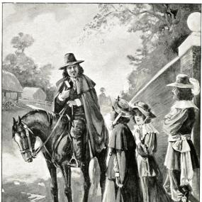 Illustration to "True Stories of Girl Heroines" by Evelyn Everett-Green, 1901, which includes Agnes Beaumont among its role-model heroines. The picture shows John Bunyan on his horse (which figures largely in Beaumont's "Narrative of the Persecutions"), talking to her and her sister (or sister-in-law), who are on foot.