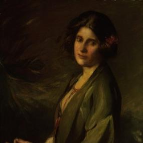 Photograph of a painting of Inez Bensusan by Cecil William Rea, 1924. She is seated, seen from the side but with her head turned towards the viewer. She has chin-length brown hair, and wears a loose green jacket (echoing the shade of the background) over a dark pink dress.