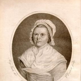 Photo of an oval engraving of the young Elizabeth Bentley by a Miss Buck after T. Bassett, frontispiece of Bentley's "Genuine Poetical Compositions", 1791. She is clad in suitably plain style, wears a starched cap and neckerchief over her dress.