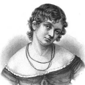 Drawing of Mary Matilda Betham. Her head is hanging down a little; her low scoop neckline, worn with two strings of beads, reveals slightly rounded shoulders. Her hair is short and curly.