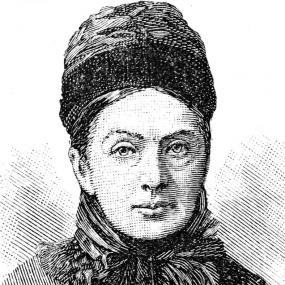 Print of Isabella Bird, full face, looking ahead with a closed expression, wearing a scarf and hat over a coat.